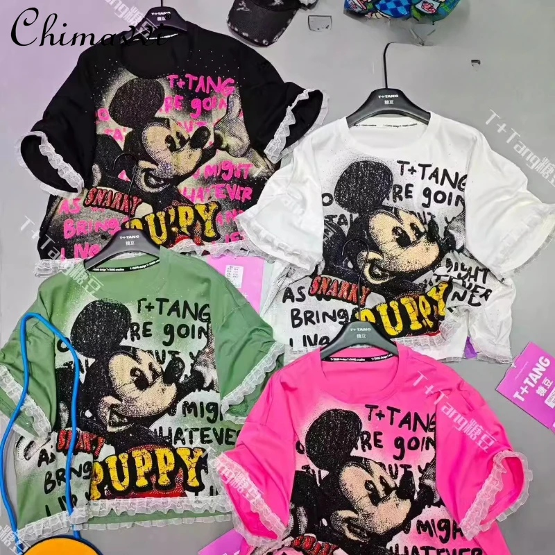 

European Goods Heavy Industry Summer Full Diamond Mickey Lace Splicing Loose Short-sleeved T-shirt Top For Women