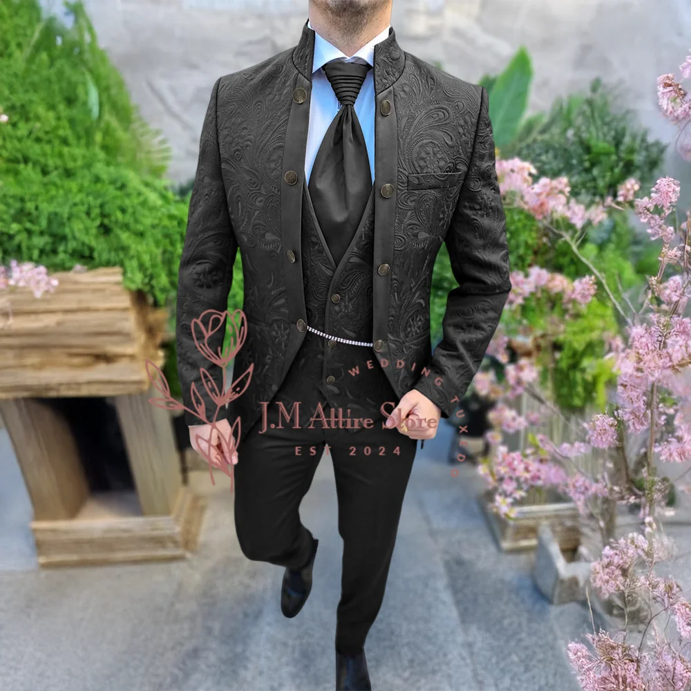 오뜨 꾸뛰르 남자 정장 블랙 절묘한 자카드 3pcs 자켓 조끼 바지 결혼식 신랑 졸업 공 콘서트를위한 슬리밍 세트
