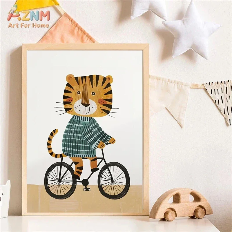 AZNM Cool Cartoon Animal Canvas Print Dog Lion Crocodile Dinosaur Riding Motorcycle Skateboard Bike Plane Boys Playroom Nursery