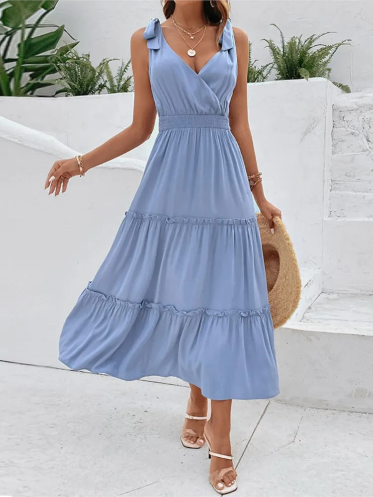

Dresses 2025 Woman Seaside Vacation Solid Color Strappy Ear-trimmed High-waisted Dress Temperament Beachwear Simple Style Casual