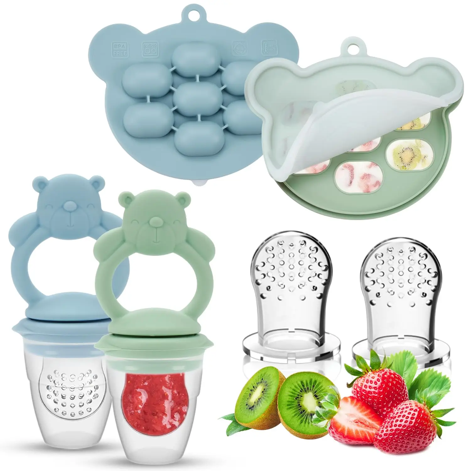 2-Piece Set, Baby Fruit and Vegetable Food Supplement Teething Pacifier + Ice Mold, Bear Style