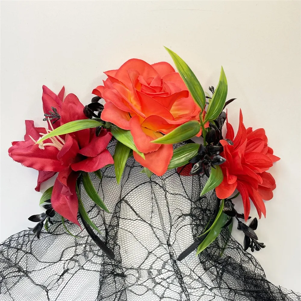 

Day of the Dead Flower Crown Headband with Black Veil Exaggerated Cosplay Hairband Skull and Ghost Party Accessories for Women