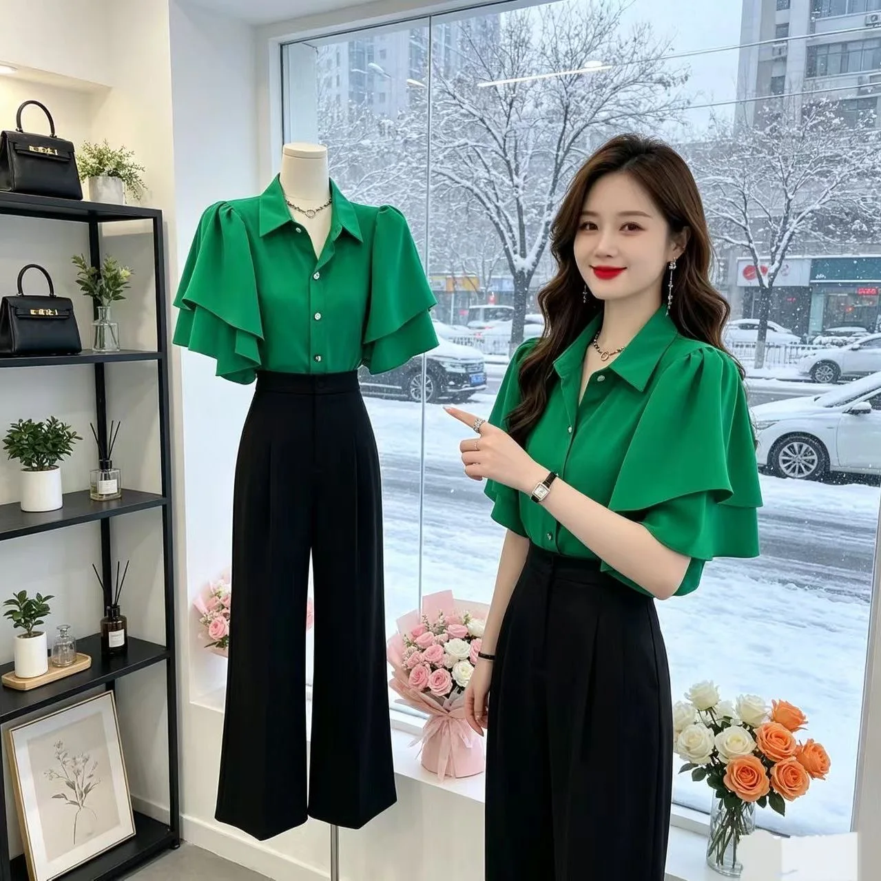 

Loose Summer Shirt Women's New Style Pure Color Fairy Short Sleeve Silk Women's Clothing Collar Regular Length Shirt