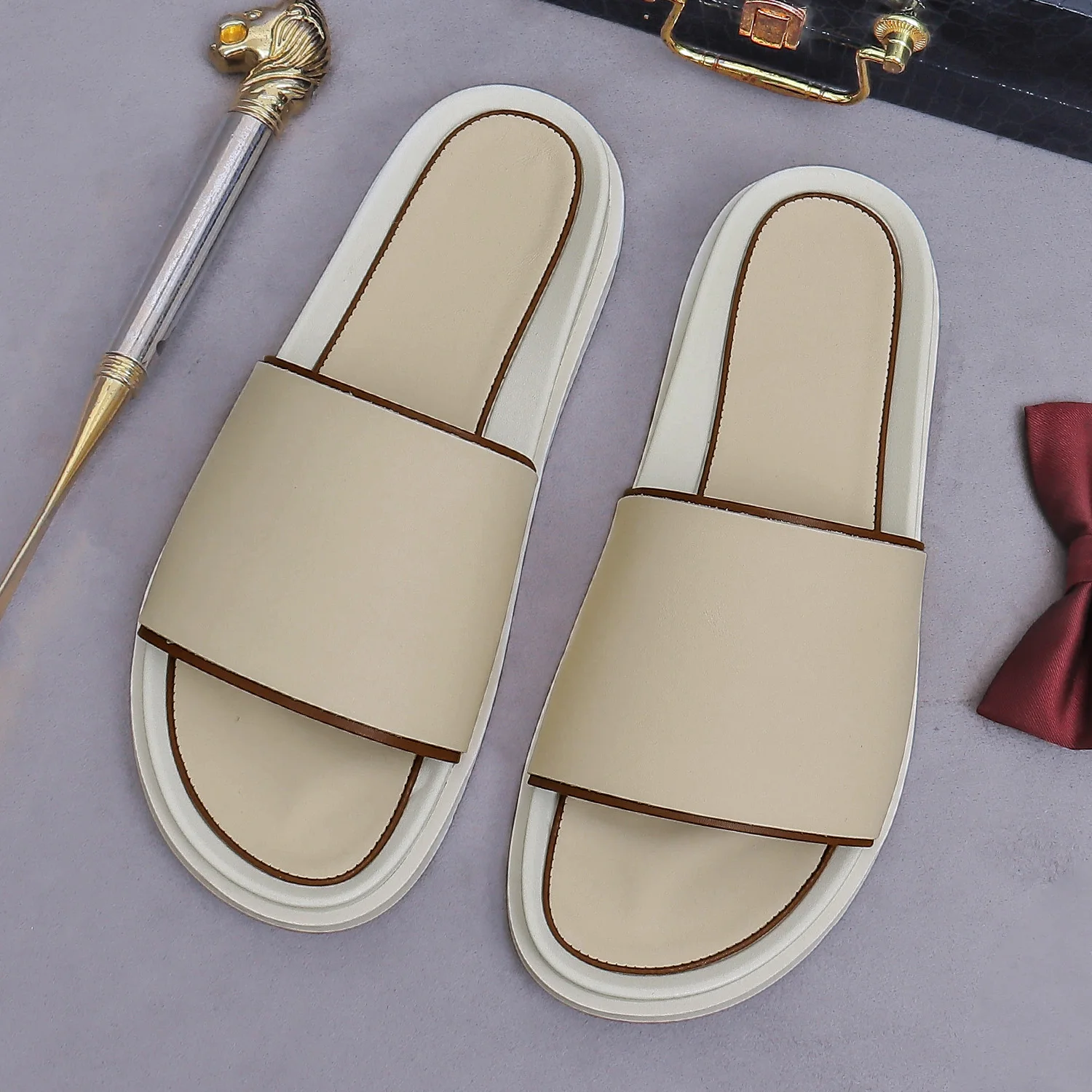 Men's Genuine Leather Slippers Large Size Soft Casual Cowhide Sandals Wear-Resistant Breathable Footwear for Summer
