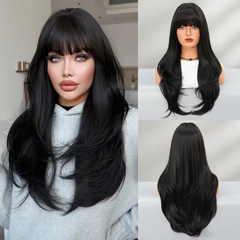 European and American style black long layered wig with bangs, lightweight rose net full headpiece