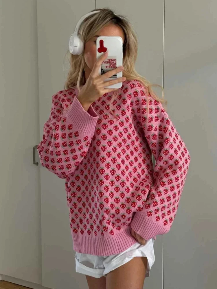 

Strawberry Printed Knitted Pullover Tops Women Chic O Neck Long Sleeves Warm Loose Sweater Autumn Lady Commuting Street Jumpers
