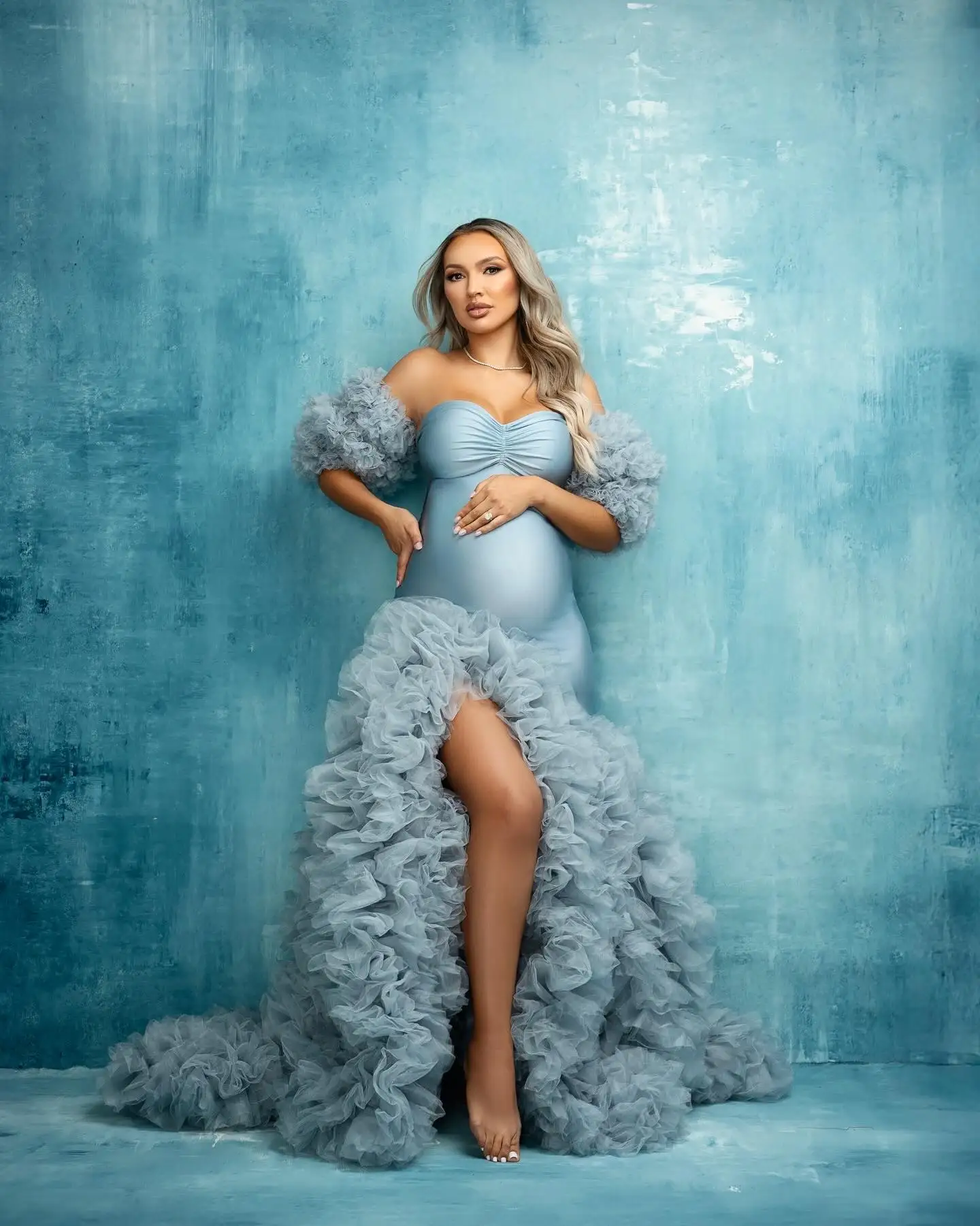 المغبر الأزرق حورية البحر فستان حمل التقطت الصور انفصال الأكمام منتفخ تول ملابس للحمل أناقة الحمل تبادل لاطلاق النار فستان