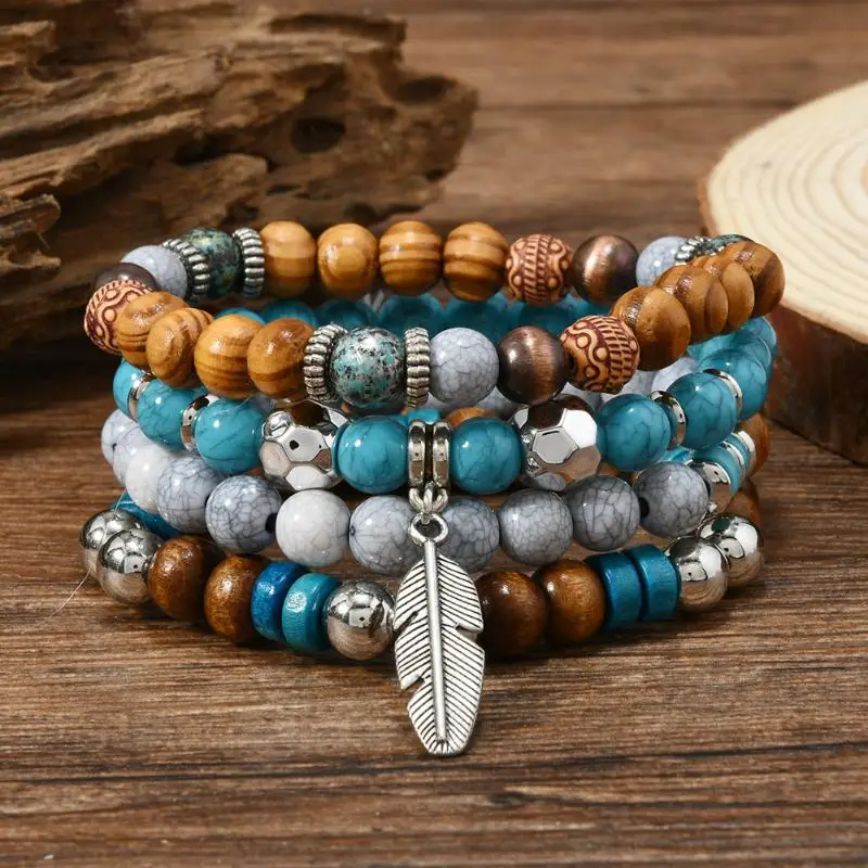 4-teiliges Set Bohemian Vintage Mehrschichtige Perlenarmbänder für Männer, Türkis, Ethnische Naturstein-Blätter-Armbänder, Geschenke für Freunde – Detail 5
