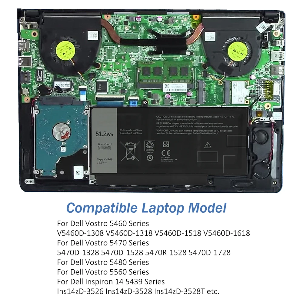 ETESBAY VH748 11.1V 51.2WH Laptop Battery For DELL Vostro V5560 V5460 V5470 V5480 For Inspiron 14-5439 Ins14zD-3526 P43F P41G