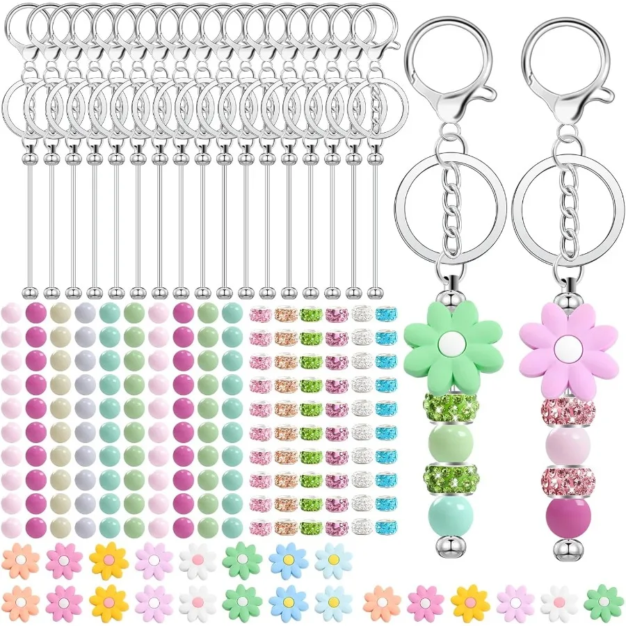 

204 Pcs Beadable Keychain Making Kit Including 24 Pcs Beadable Keychains Bars Blanks Sunflower Silicone Beads 60 Spacer Beads 1