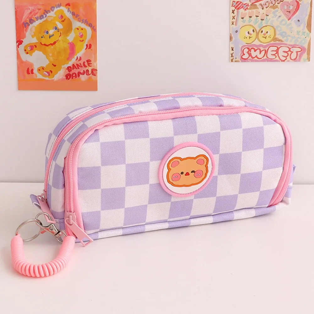 

Pen Case Checkerboard Pencil Case Large Capacity Canvas Pencil Bag Cute Cartoon Stationery Storage Bag Girl Gifts
