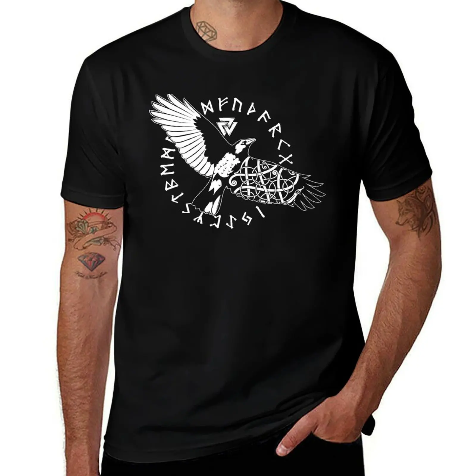 

Ancient Viking Crow Flying Raven Scandinavian Runes Printed Men's T Shirt Round T-Shirt cotton tshirt 100% T-Shirt