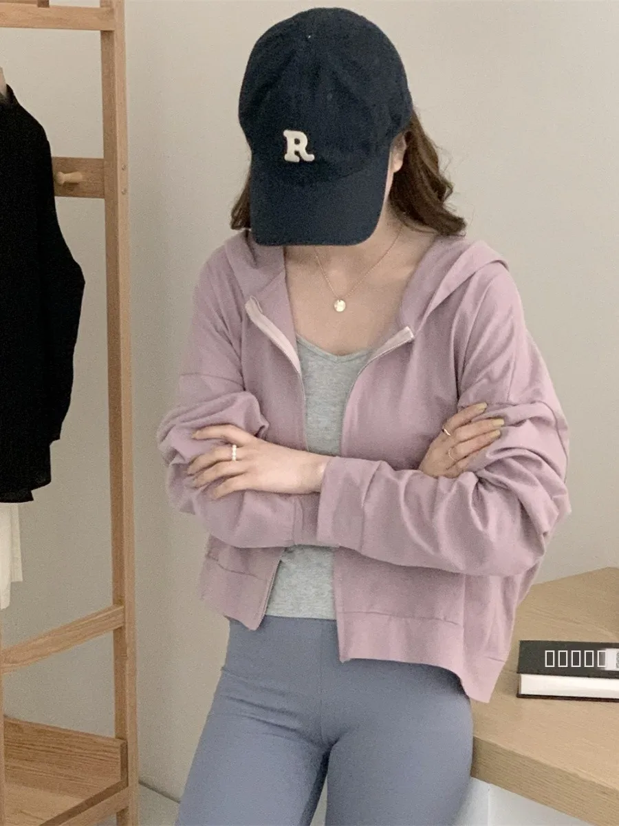 

Lightweight Hooded Sun Protection Open Cardigan Pastel Mist Purple Lazy Unique Design Sensation Spring Autumn Season Outerwear
