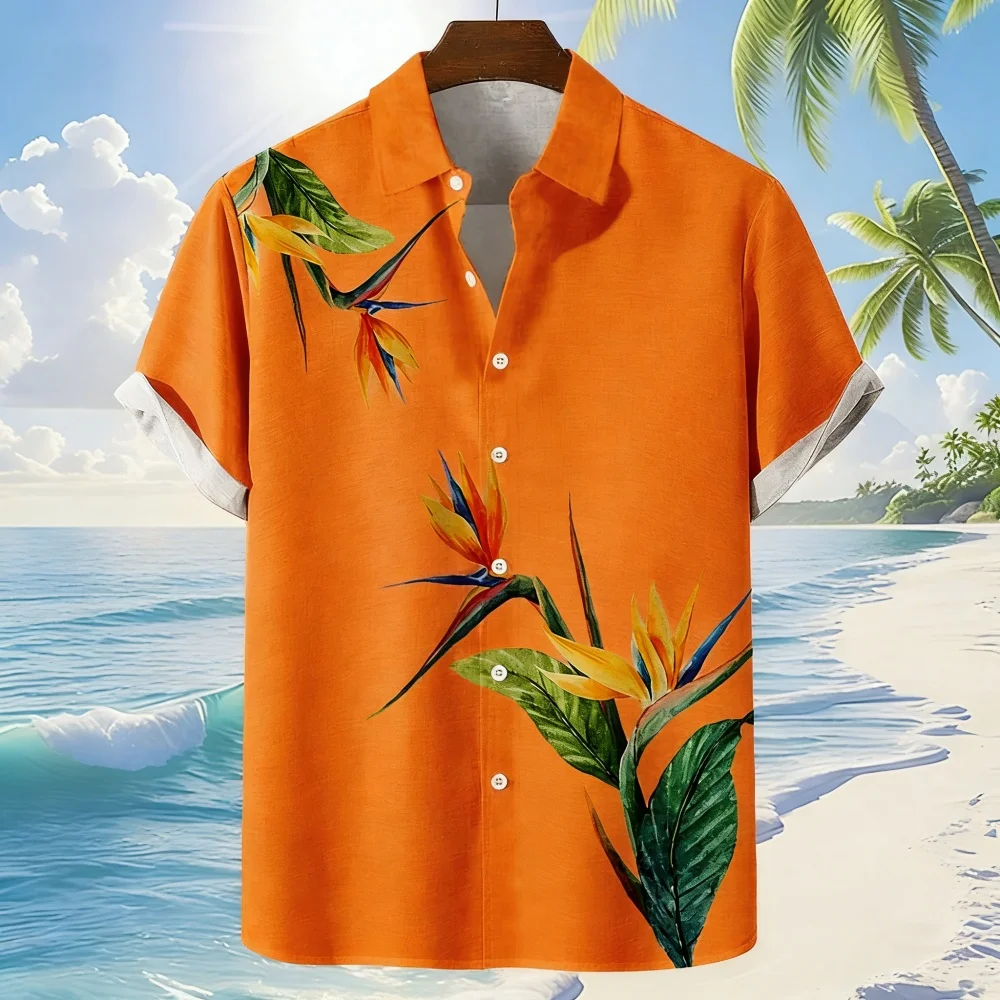 

Men's plus Size Floral Printed Linen Shirt Short Sleeve Collared Hawaiian Beach Vacation Casual Breathable Top