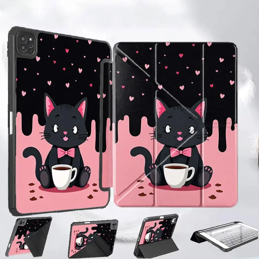 

Розово-черный чехол-подставка для планшета с кошкой и кофе для iPad Pro 11-го, 10-го, 9-го, 8-го, 7-го поколений, 12.9 дюймов, Mini 6, 7, Pro 2025, Air 4, 5, M3, M2