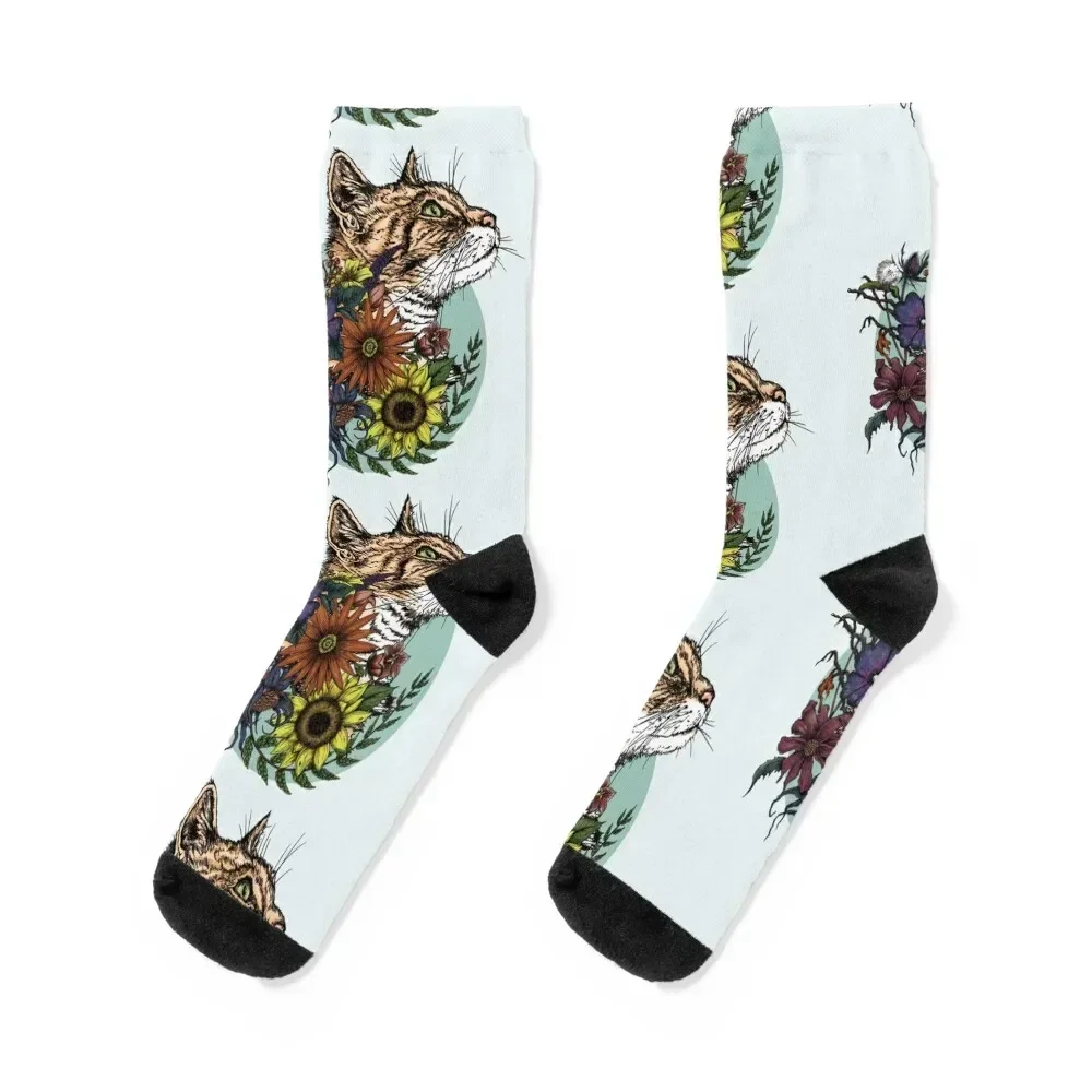 ShopForShelters: Proceeds Support No-Kill Shelter Initiatives - Orange Tabby Cat in WildFlowers Socks luxury Socks Ladies Men's