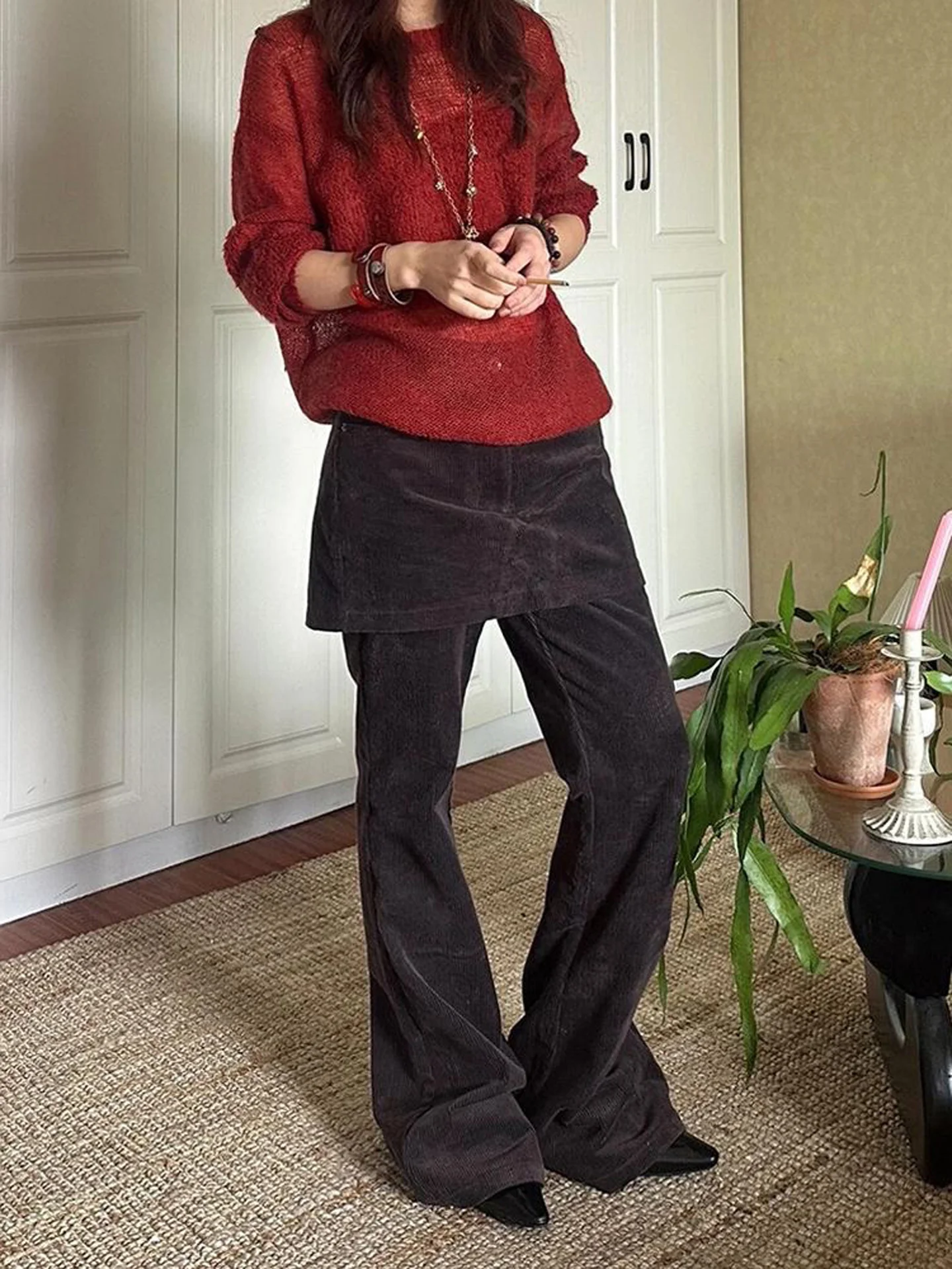 Retro American Faux Two-Piece Corduroy Pants Women's Fall New Spicy Design Versatile Micro Flared Floor-Length Casual Trousers
