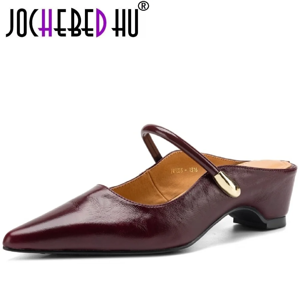 JOCHEBED HUwomen Handmade Genuine leather Soft comfortable metal buckle slip-on mules wedge med heel elegant ladies shoe 34-42