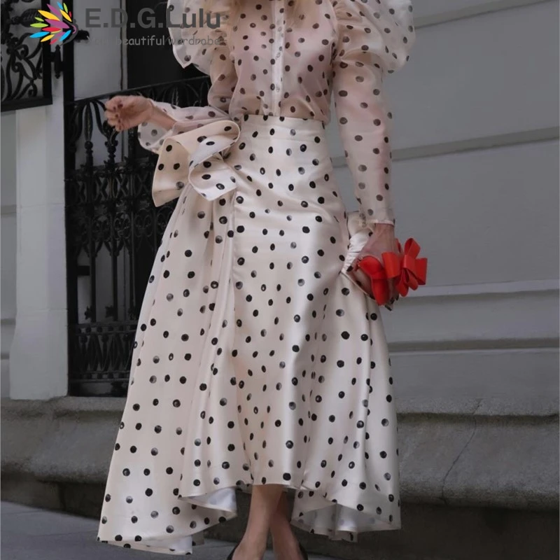 

EDGLuLu Элегантная французская длинная юбка в черный горошек, новинка 2025 года, длинная юбка с высокой талией и рюшами по краям, темпераментная длинная юбка 0712