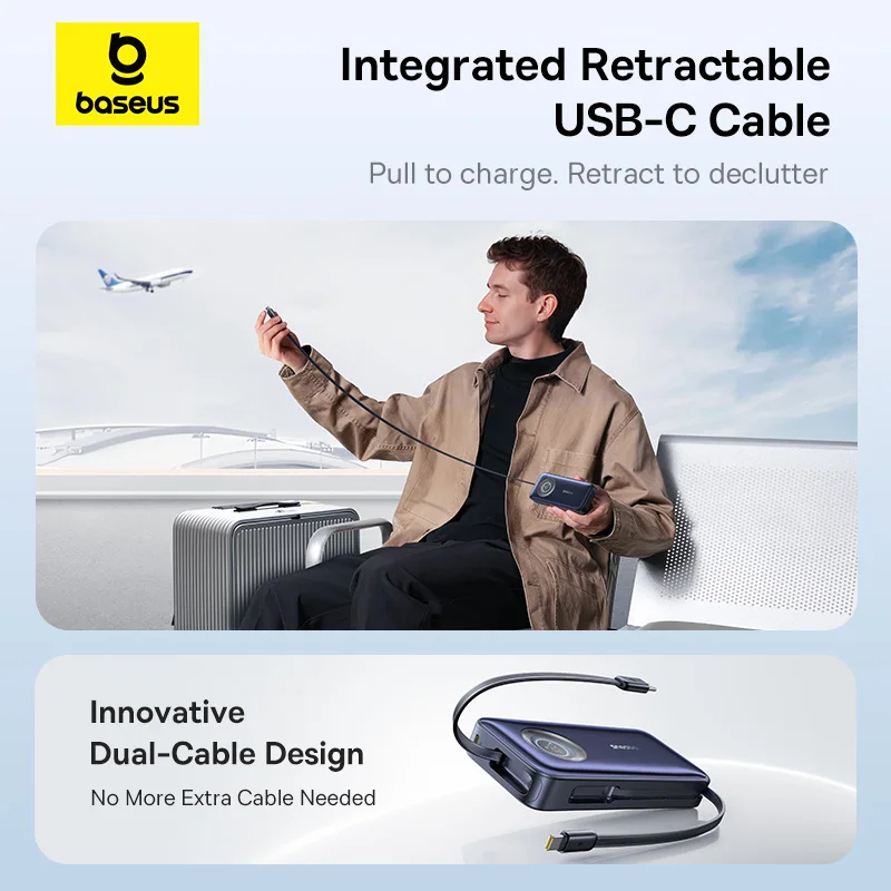 베이스어스 100W 20000mAh 파워뱅크 내장형 리트랙터블 USB-C 케이블 PD 외장 배터리 파워뱅크 맥북 프로 아이폰 17 삼성용