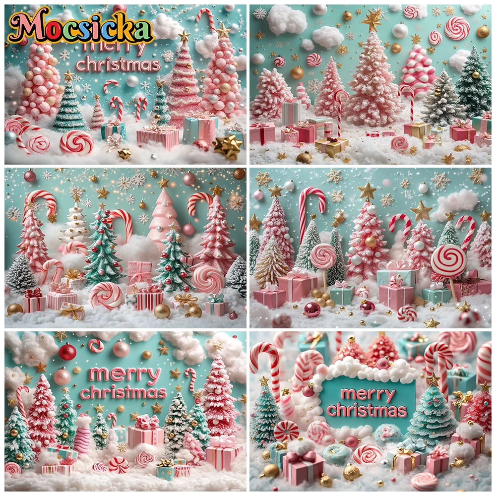 Mocsicka Sweet Pink Merry Christmas Photo Backdrop Candy Land Snowy Tree Lollipop Family Holiday Party Photography Studio Banner