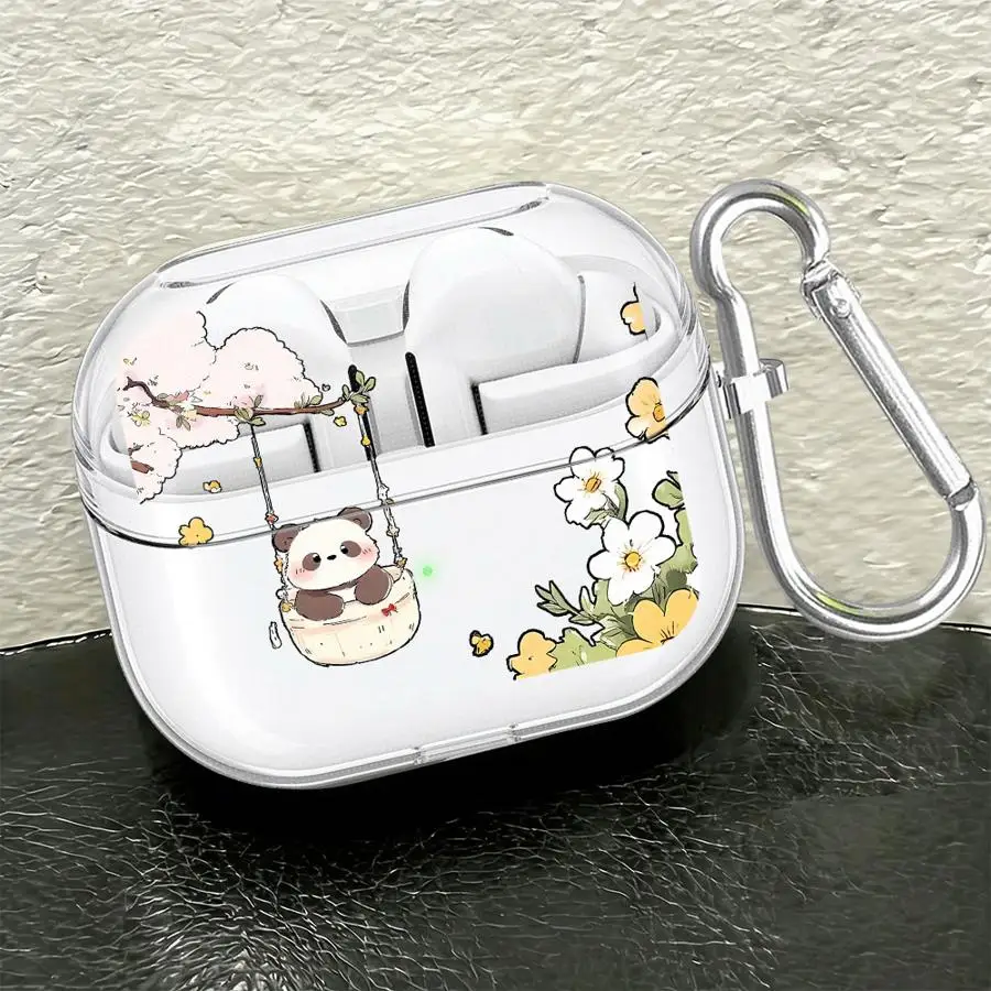 Case For Samsung Galaxy Buds 4Pro 2 4 Pro 3 FE Live 3Pro 2Pro Clear Earphone Cases Cover With Hook Cartoon Cute Panda