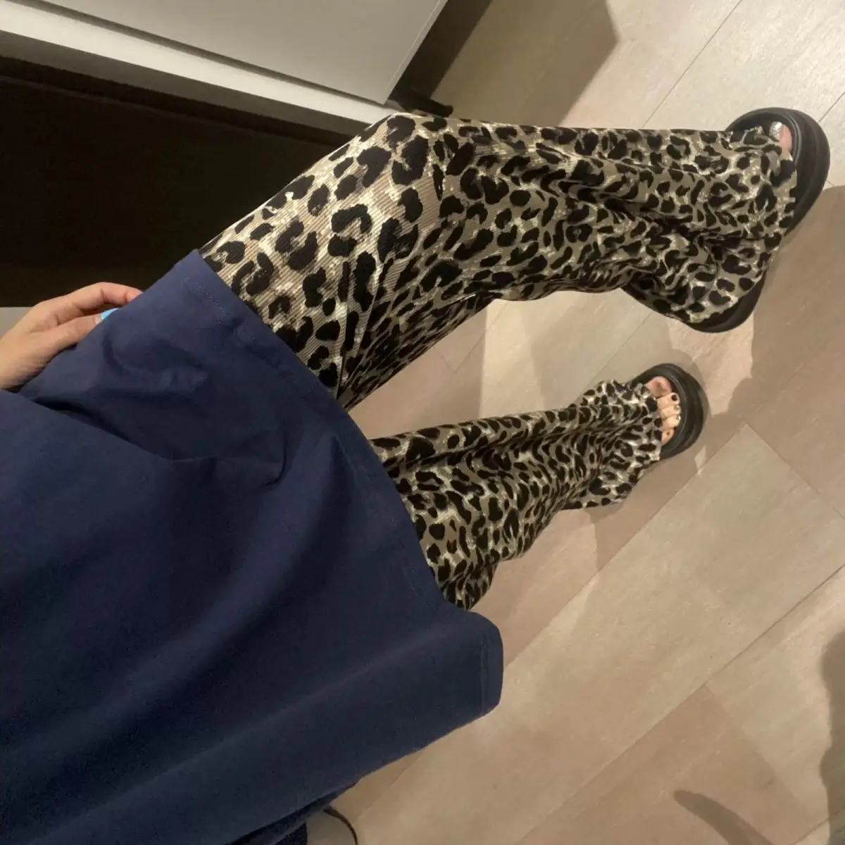 Drape Walking Pants Summer Slack Leopard Print Cool Pants High Waist Mopping Floor Straight Printed Wide Leg Pants