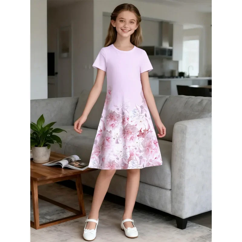 

Sweet Princess Girls Dress 2026 Pink And Purple Gradient Positioning Printed Fashionable And Stylish Clothing for Girls