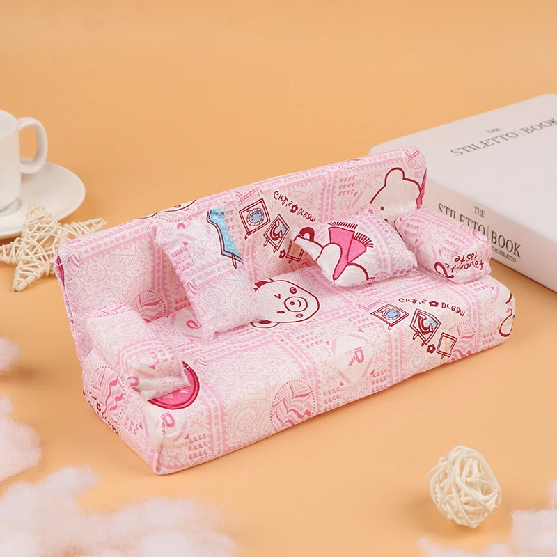 3 pçs/set casa de bonecas pequeno bonito floral tecido sofá conjunto móveis com 2 travesseiros acessórios para casa boneca decoração brinquedos