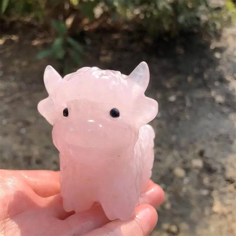 Natural Rose Quartz Highland Yak cartoon Carving Reiki Faith Handicraft Ornaments Healing Home Decoration Gift 1PCS