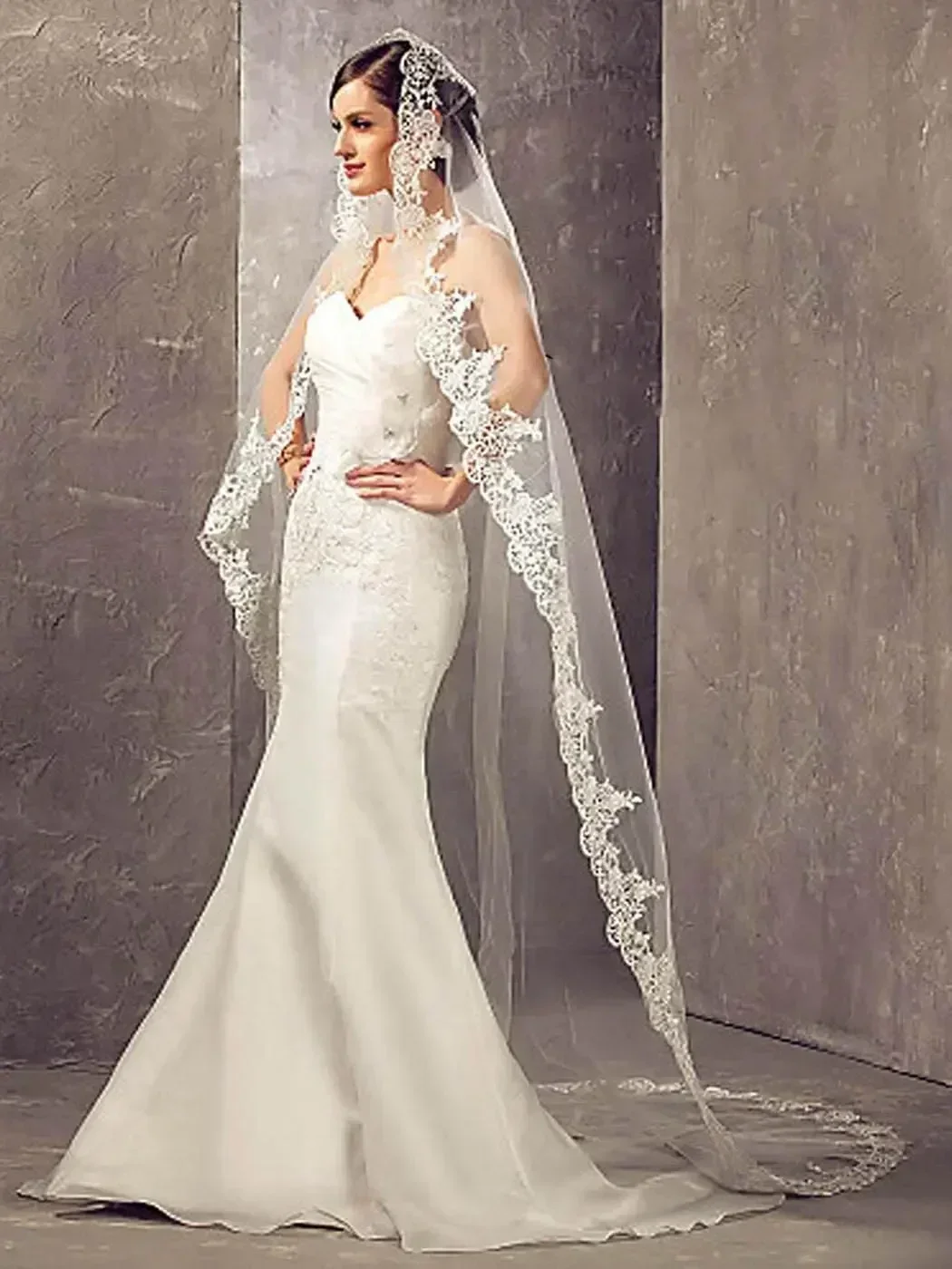 Women's Wedding Veil 1T Fingertip Length Lace Veil for Bride Embroidered Veil With Comb Wedding Headpiece