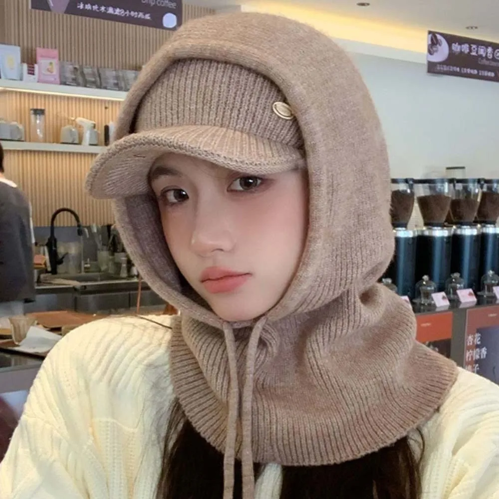 Thickened Knit Balaclava Hat Elastic Soft Winter Visor Beanie Comfortable Fleece Hooded Neck Warmer Skiing