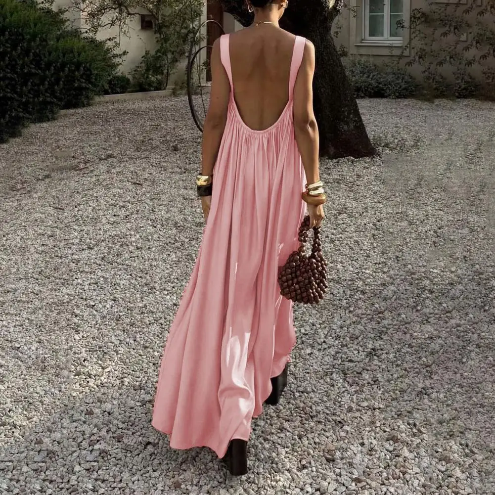 

Women Summer Dress Sleeveless Strap Pleated Maxi Dress Beach Vacation Loose Flowy Sundress Loose Long Dress Sexy Suspender Holid