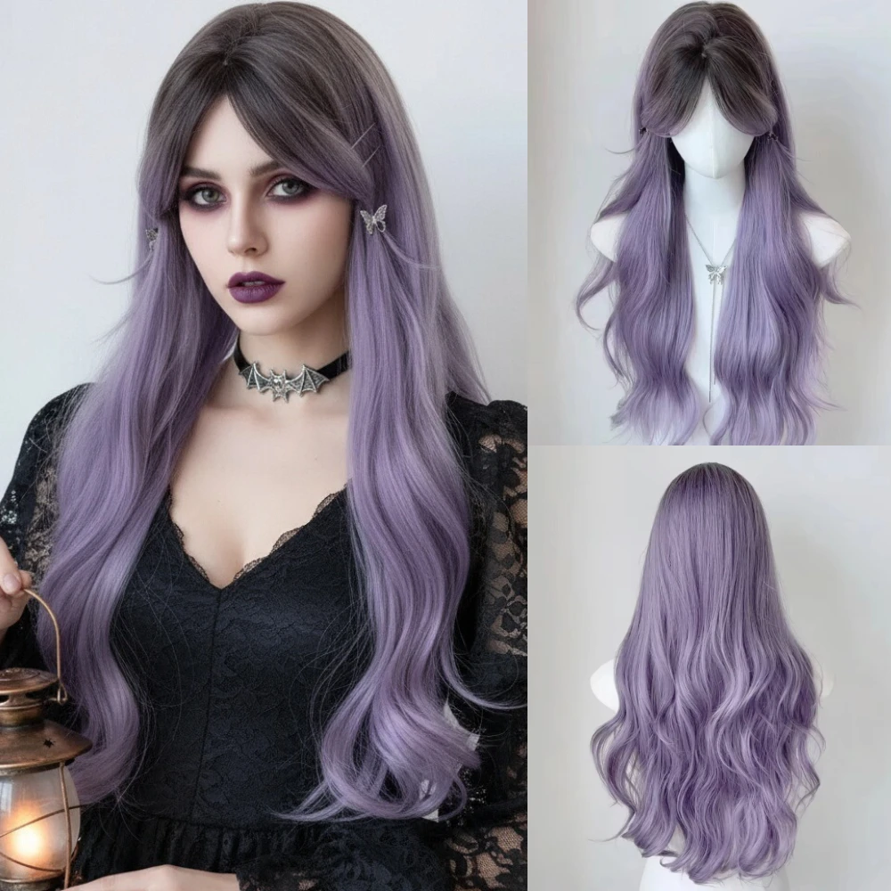 

Длинный волнистый фиолетовый синтетический парик с эффектом омбре, средняя часть, пушистый женский парик Лолиты для косплея, термостойкий для повседневной вечеринки