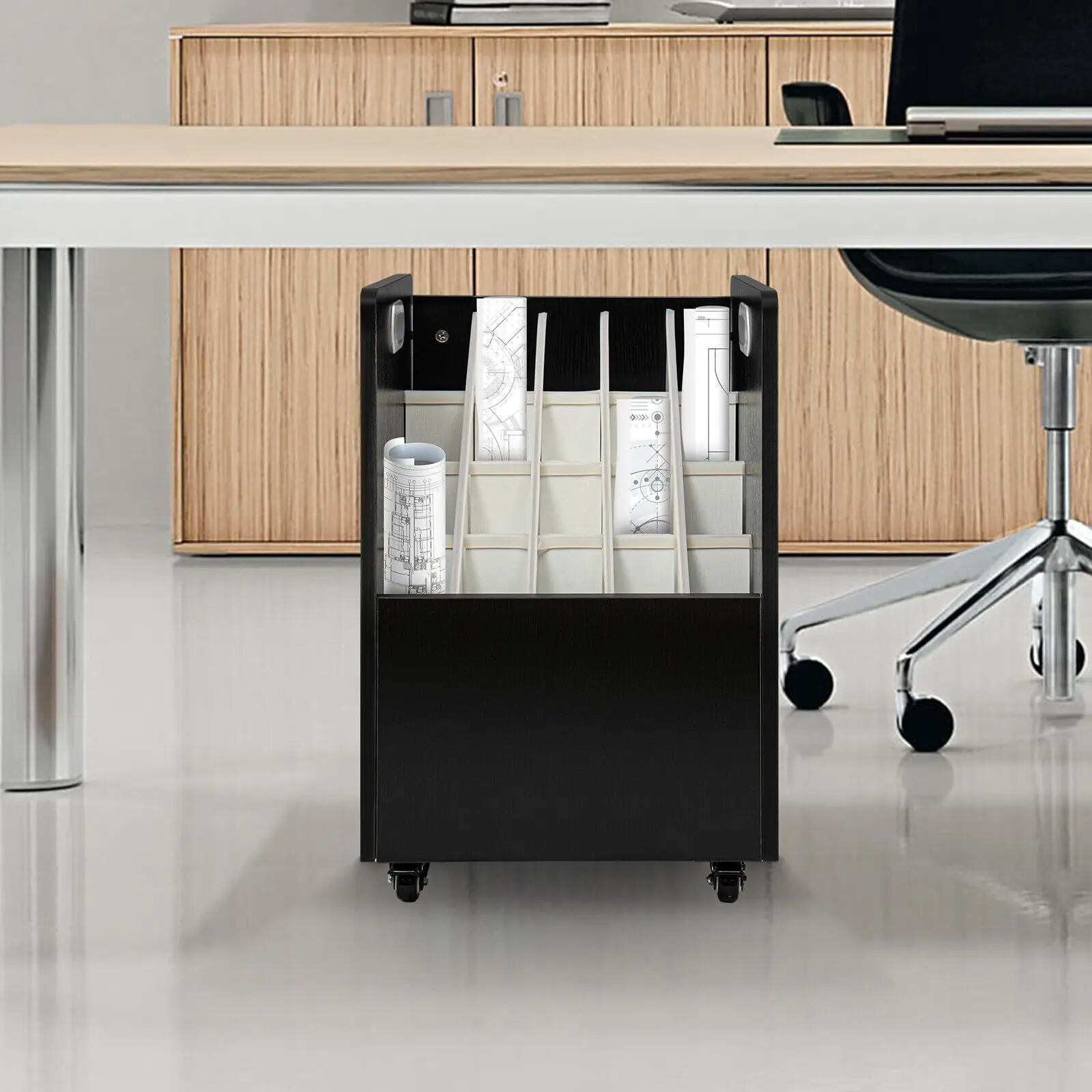 20スロットMDFモバイルロールファイルオーガナイザーカートコンパートメントカートファイルホルダー（キャスター付き）