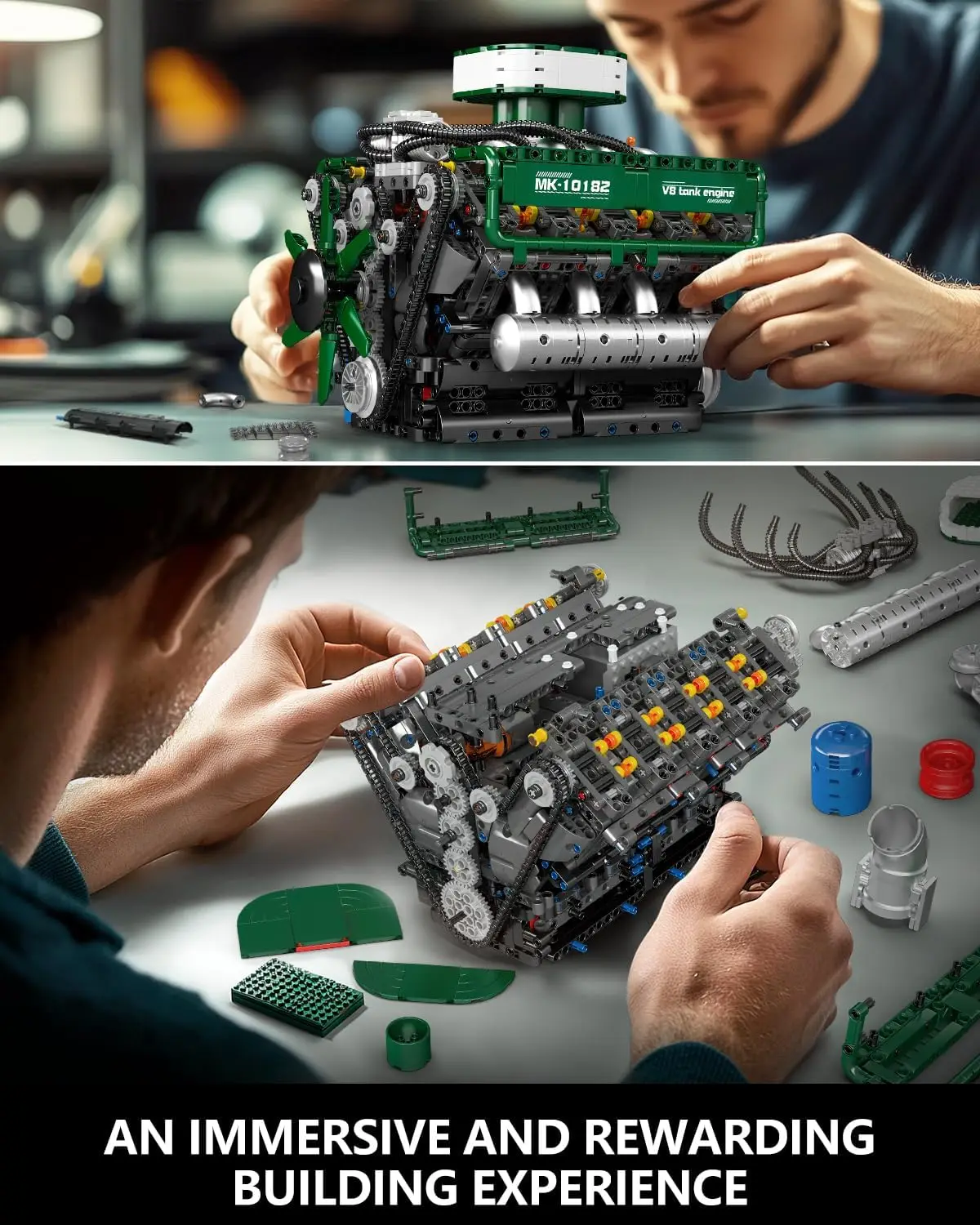 10182 V8 Engine Building Blocks Sets, MOC V8 Tank Engine Model Kit with Battery and Motor, Collectable 8-Cylinder Combustion Car