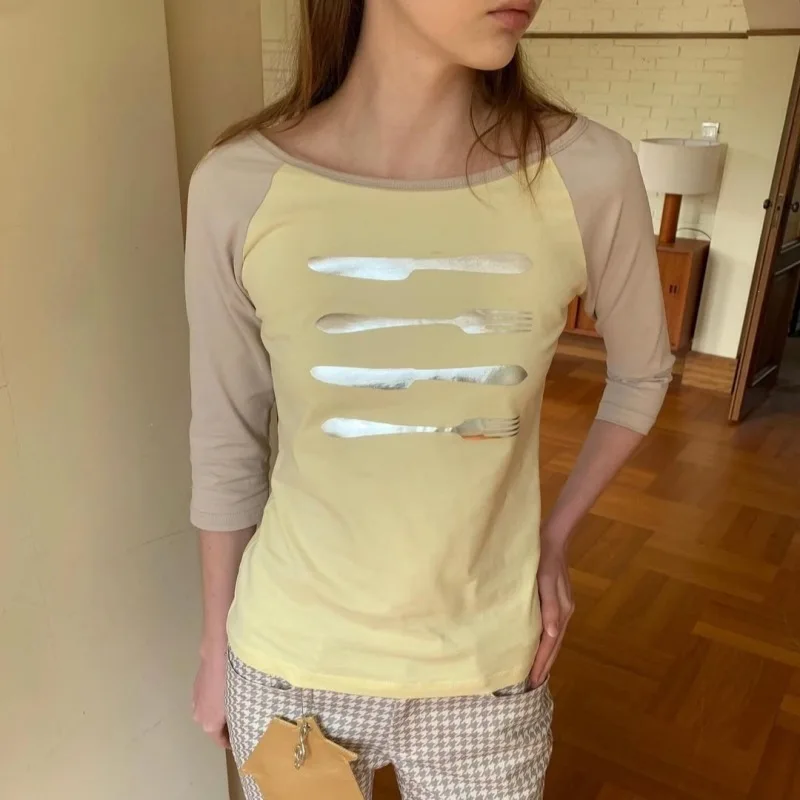 Y2k style personalized print with ins contrasting long sleeved minimalist raglan sleeves women's T-shirt round neck design print