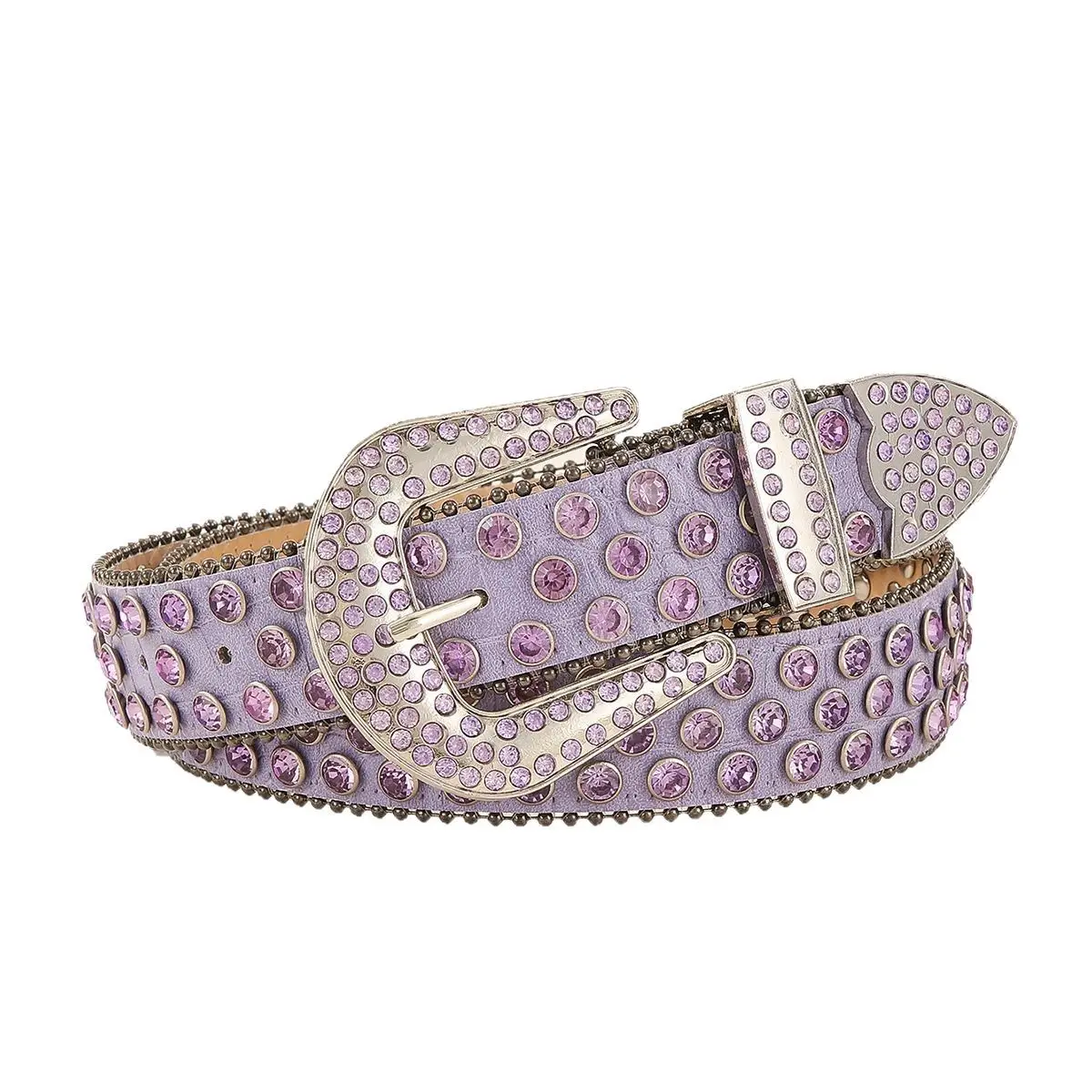 Fashion Purple Rhinestone PU Learther Jeans Strap Belts Women Ins Bling Metal Buckle Waist Belts Punk Rivet Ceinture Pour Femme