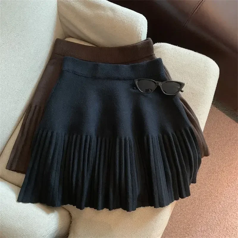Korean Sweet‑look Knitted Pleated Mini Skirt Women Elastic High Waist Solid A‑Line Short Skirt Casual Outer Bottom Wear