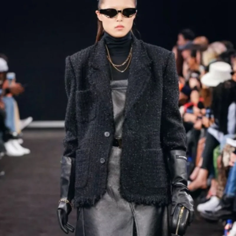 

New woven woolen coat women's loose black casual suits