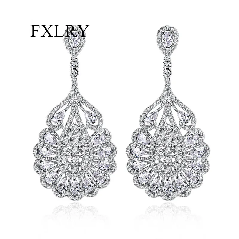 

FXLRY New Micro Paved Cubic Zirconia Big Long Elegant Flower Shape Clear Shiny Drop Earrings For Women Wedding Bridal Jewelry