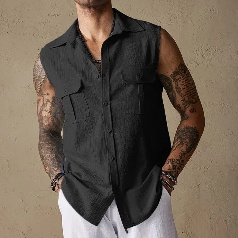 2024 Summer New Men's Top Casual Solid Color Pocket Design Casual Fashion Short Sleeve Roll-down Button-down Shirt