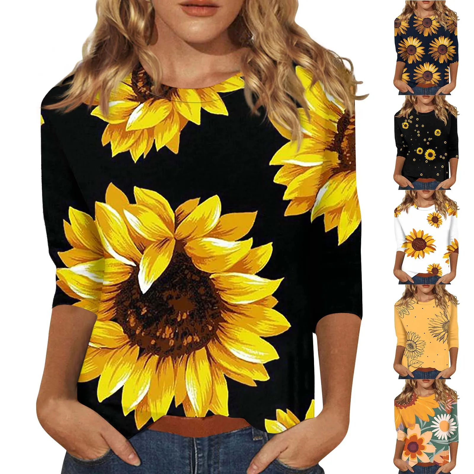 Women\'s t shirt Sunflower print Loose Casual blouse Floral Print Round Neck Three-quarter Sleeves Daily Versatile tops camisetas