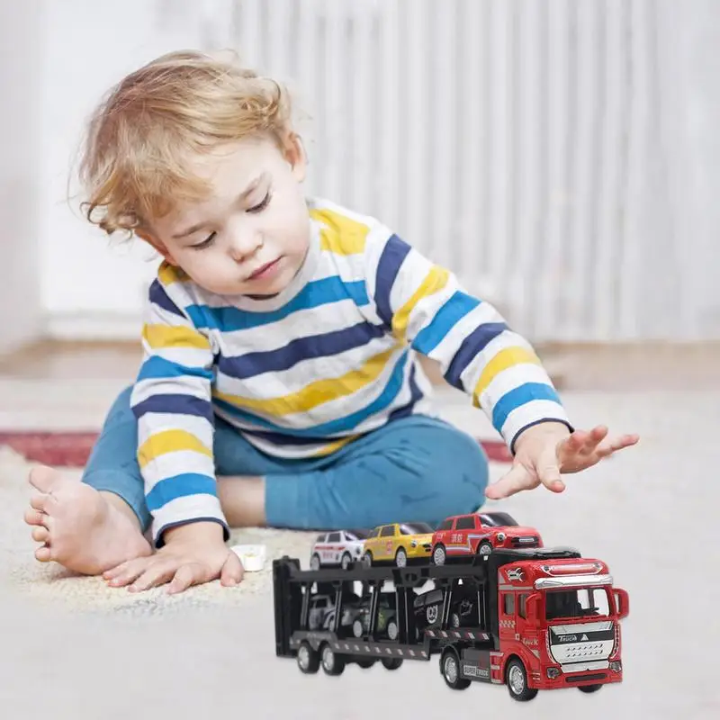 Car Transporter Toy No Battery Required Vehicle Toy For Hand-Eye Coordination Color 2 Deck Detachable Metal Pull Back Toy 6 Cars