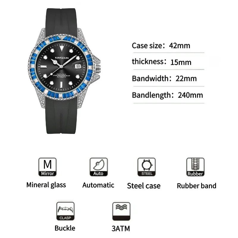 Montre existent Submariner pour Homme, Cadran Incrusté de Diamants Artificiels, Fonction Calendrier, Échelle Rotative avec Bracelet en Caoutchouc, 42mm