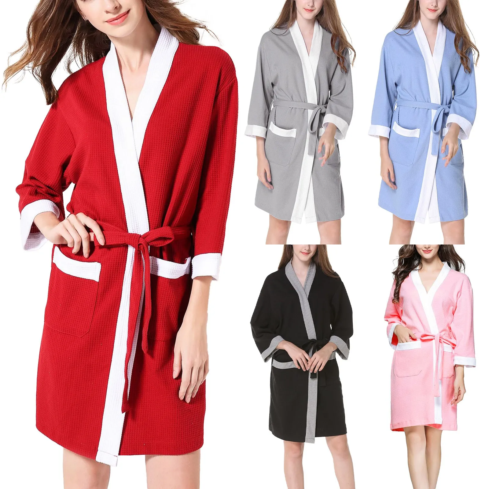 Women Kimono Robes Long Knit Bathrobe Lightweight Soft Knit Sleepwear V Neck Casual Ladies Loungewear