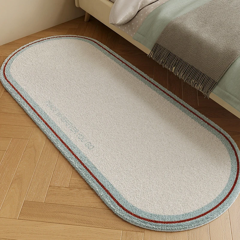 Nordic Line Framed Bedside Runner Thick Faux Cashmere Soft Plush Bedroom Floor Carpet Anti-Slip Simple Border Area Rug for Room