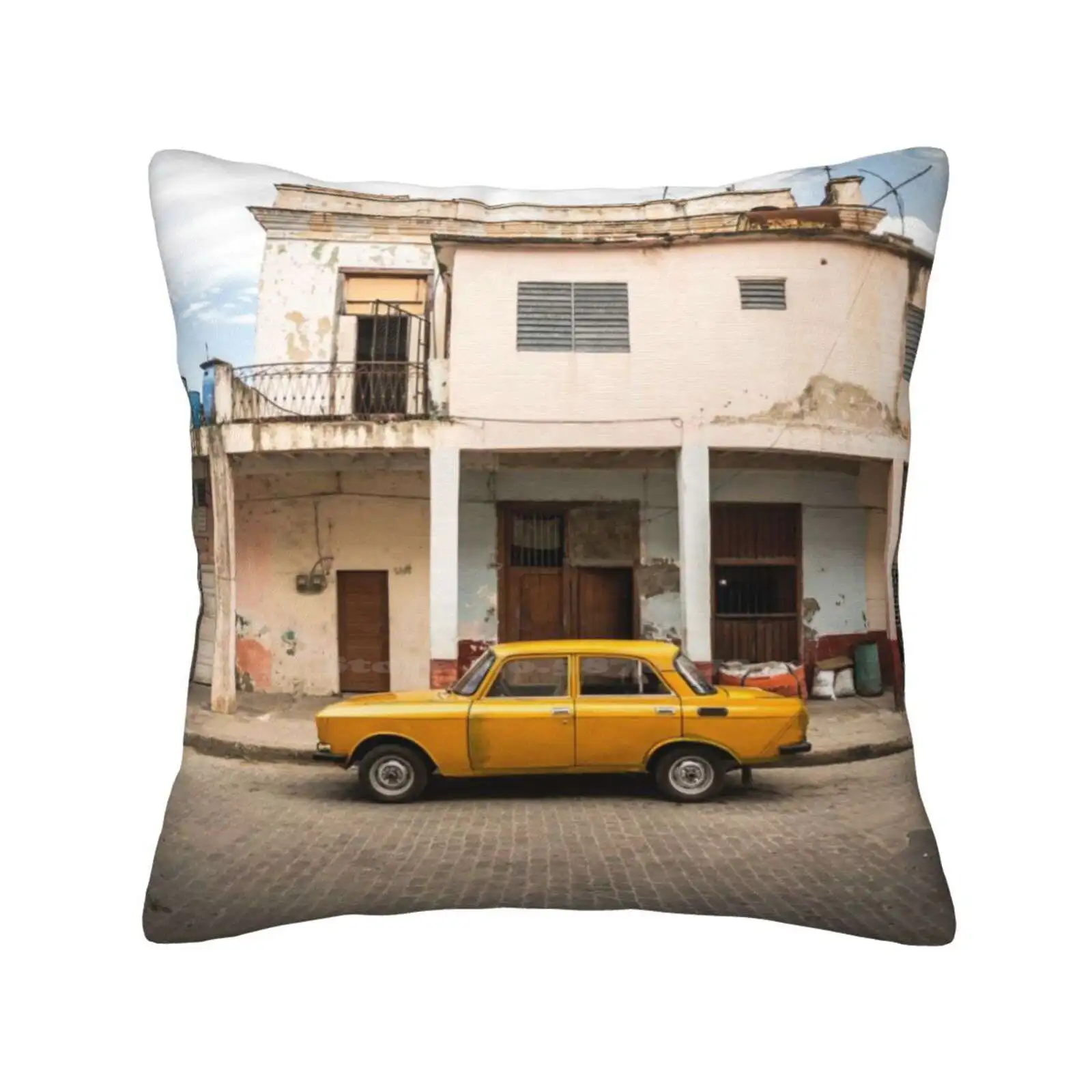 Bright Yellow Vintage Car In La Havana , Cuba. Pillowslip Pillowcase Street Car Moskvitch Lada Yellow Parking Parked Vintage