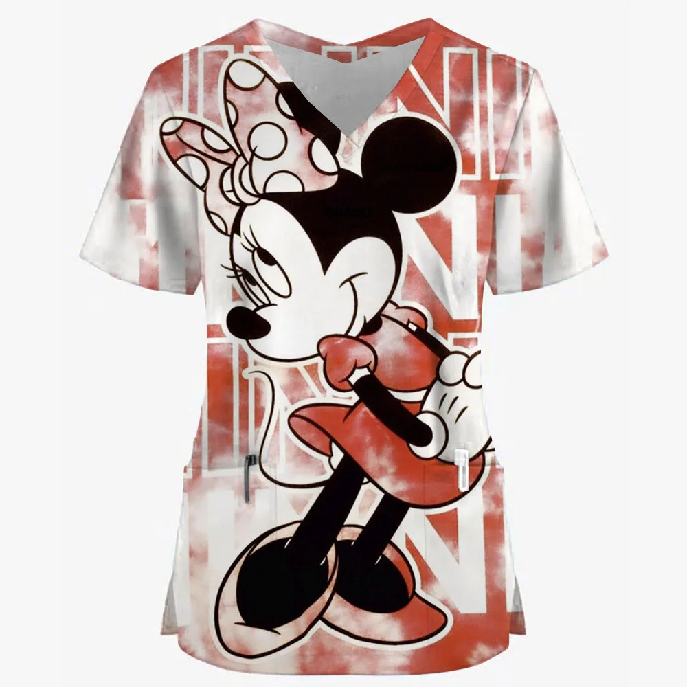 Summer Nurse Uniform Disney Mickey Mouse Print Pattern Dentist Beauty Salon Pet Shop Work Clothing V Neck Pocket T-Shirt Tops