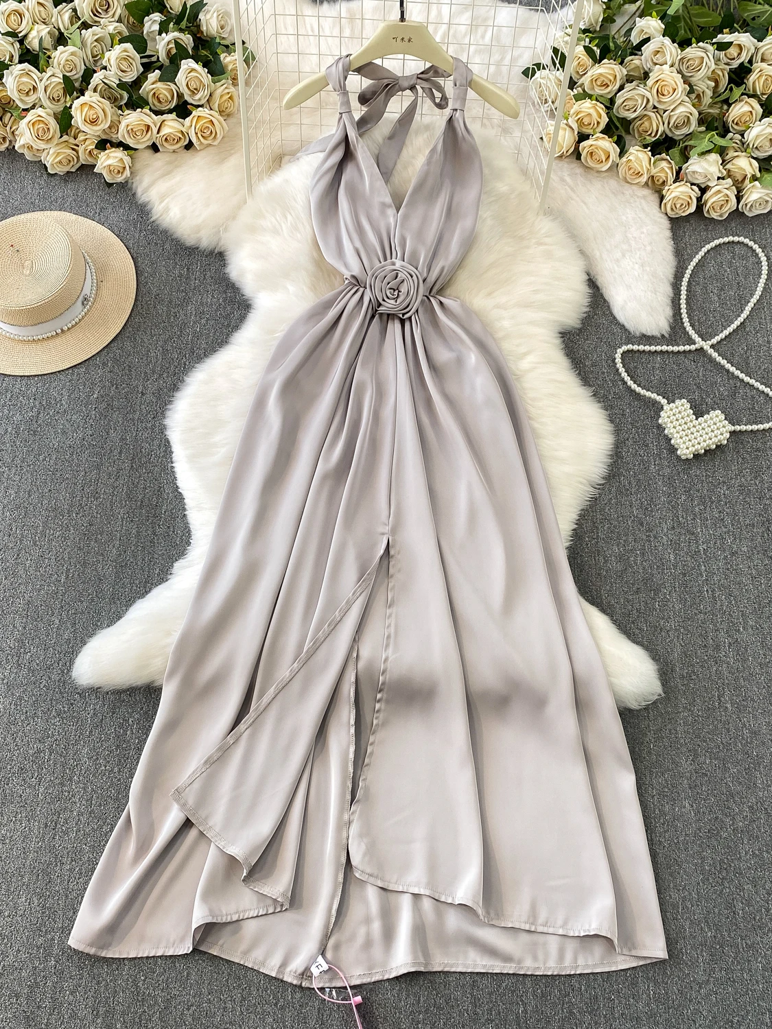 

Sexy Bal V-Ne Hanging Ne Dr Women's Design Flower Waist Satin Split Irregular Ele Skirt Sexy Svel High ...